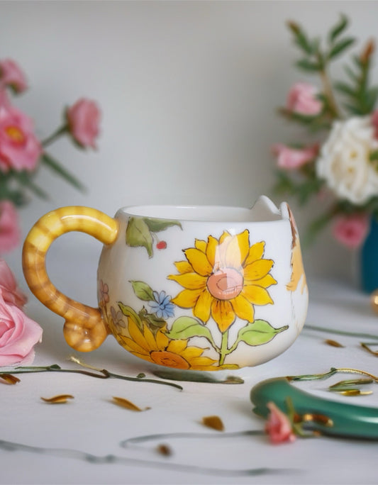 Orange Cat and Flowers Ceramic Mug