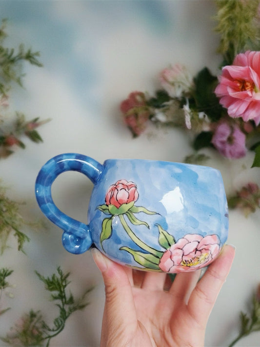 Blue Cat & Morning Flowers Ceramic Mug
