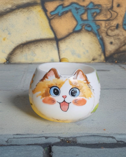 แก้วเซรามิคลายแมวและดอกไม้สีส้ม