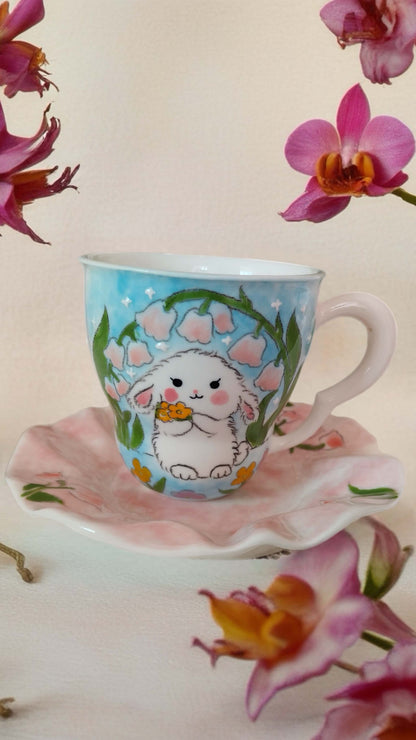 ชุดแก้วเซรามิกและจานรองลายกระต่ายและดอกลิลลี่ออฟเดอะวัลเลย์