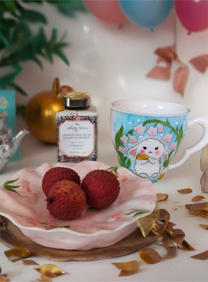 ชุดแก้วเซรามิกและจานรองลายกระต่ายและดอกลิลลี่ออฟเดอะวัลเลย์