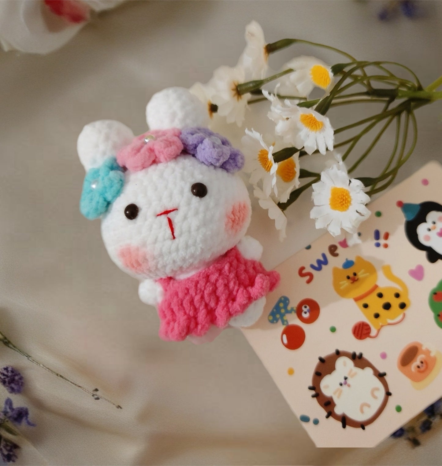 Crocheted Bunny Plushie with Floral Hairpin