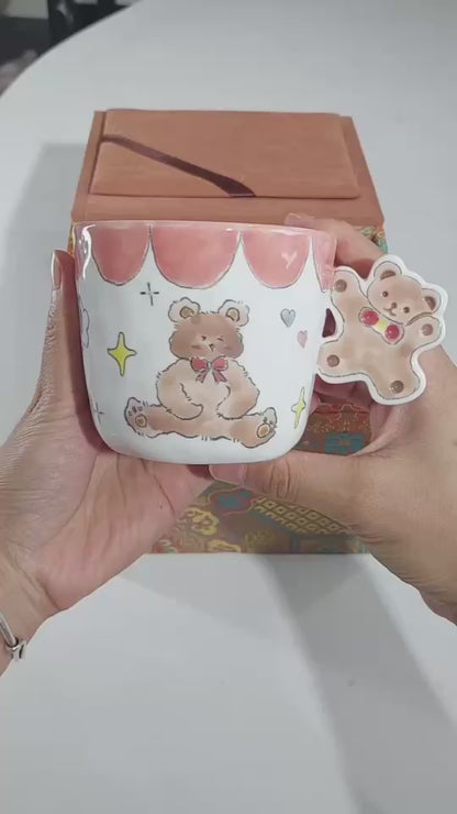 แก้วเซรามิค สีชมพู หูจับหมี