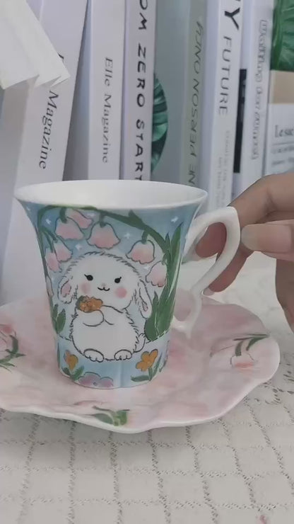 ชุดแก้วเซรามิกและจานรองลายกระต่ายและดอกลิลลี่ออฟเดอะวัลเลย์