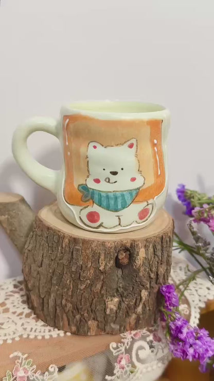 แก้วเซรามิกเพ้นท์ลายลูกสุนัขสีส้ม